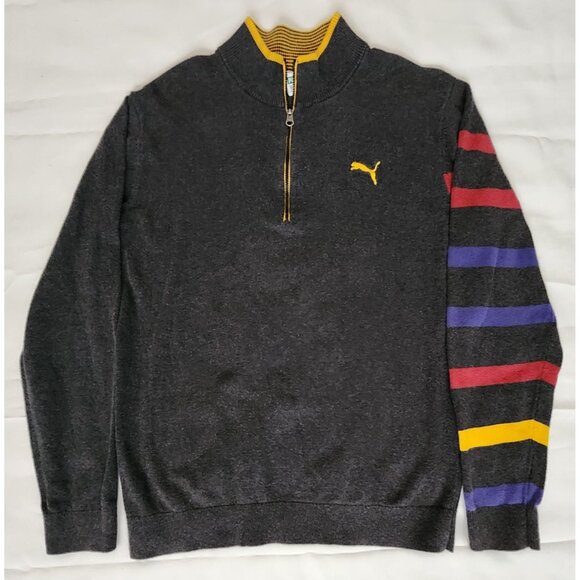 PUMA Men's Gray Striped 1/4 Zip Long Sleeve Mock Neck Golf Sweater Size Small - Picture 3 of 10